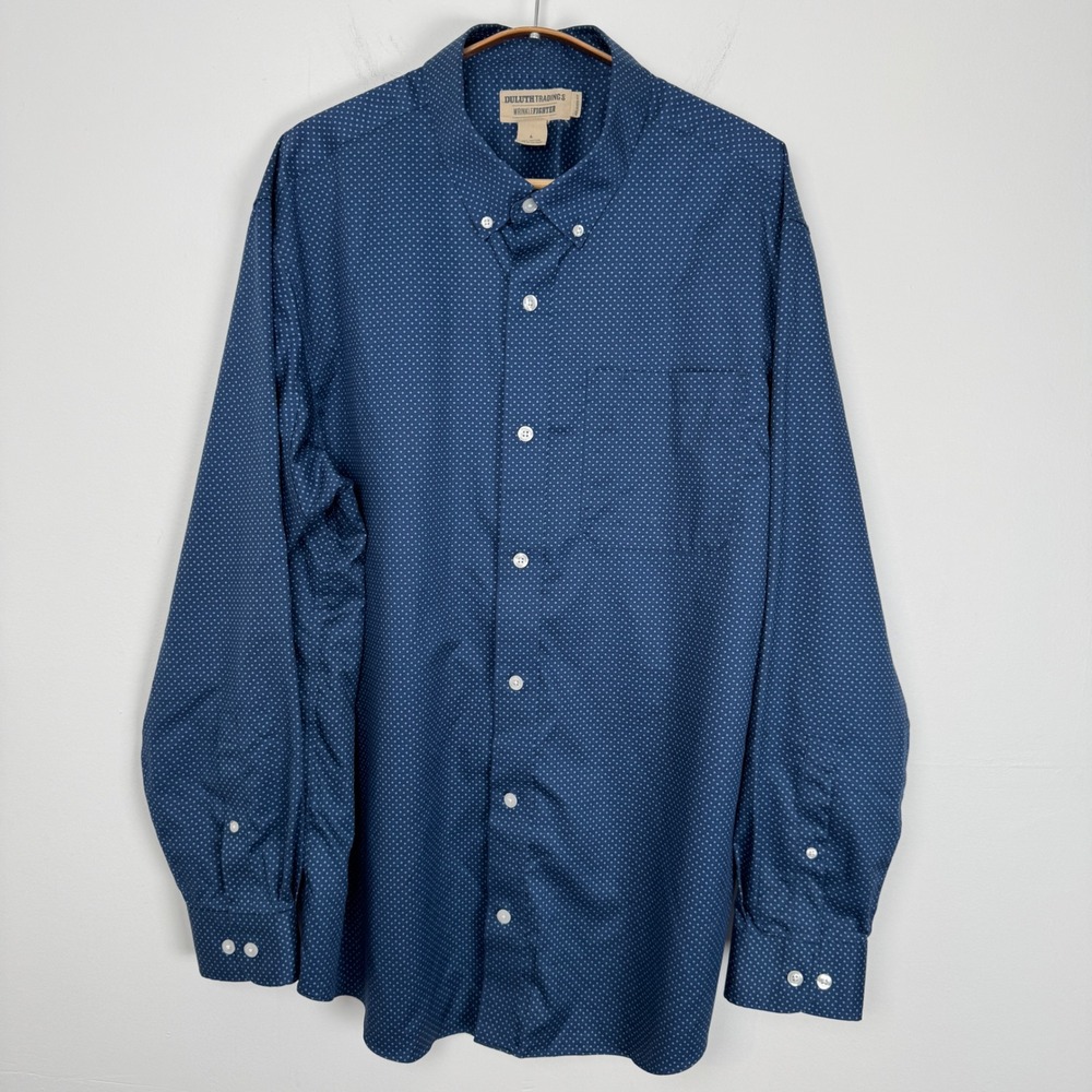Duluth Trading Co Mens Wrinklefighter Relaxed Fit Button Shirt Geometric Blue L